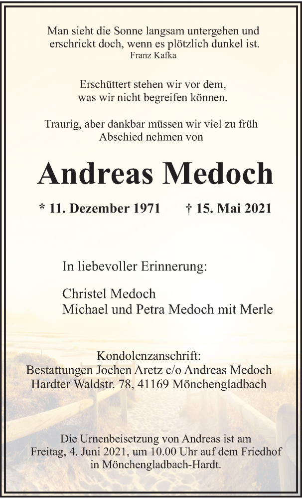  Traueranzeige für Andreas Medoch vom 30.05.2021 aus trauer.extra-tipp-moenchengladbach.de
