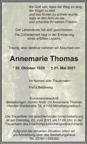 Traueranzeige von Annemarie Thomas von trauer.extra-tipp-moenchengladbach.de