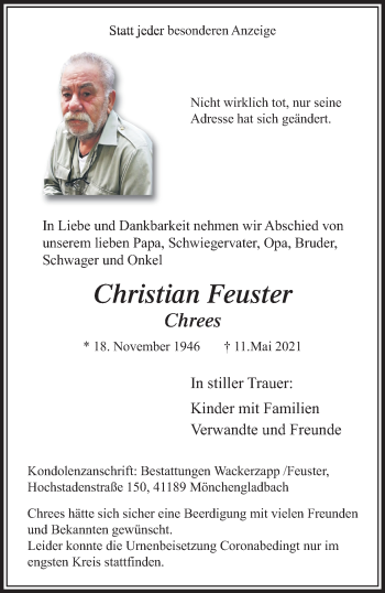 Traueranzeige von Christian Feuster von trauer.extra-tipp-moenchengladbach.de