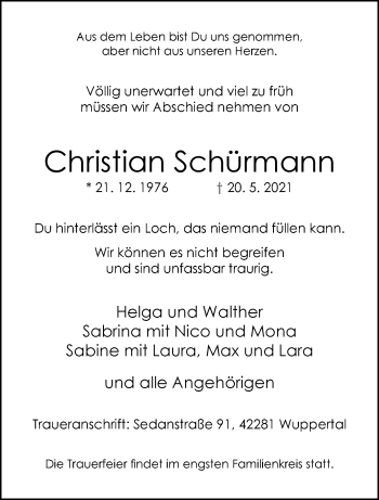 Traueranzeige von Christian Schürmann von trauer.wuppertaler-rundschau.de