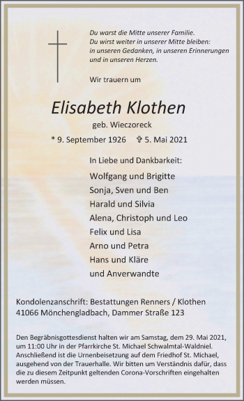 Traueranzeige von Elisabeth Klothen von trauer.extra-tipp-moenchengladbach.de