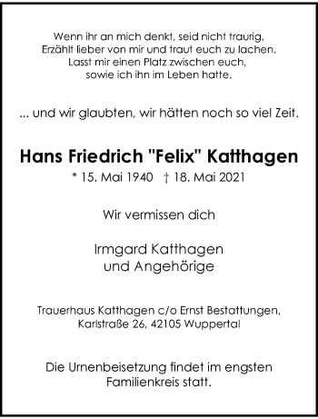 Traueranzeige von Hans Friedrich Katthagen von trauer.wuppertaler-rundschau.de