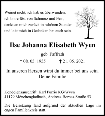 Traueranzeige von Ilse Johanna Elisabeth Wyen von trauer.extra-tipp-moenchengladbach.de