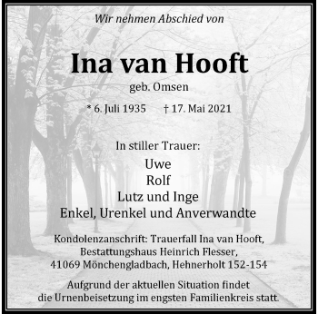 Traueranzeige von Ina van Hooft von trauer.extra-tipp-moenchengladbach.de