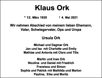 Traueranzeige von Klaus Ork von trauer.wuppertaler-rundschau.de