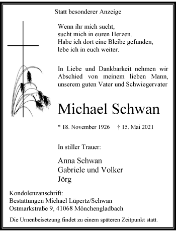 Traueranzeige von Michael Schwan von trauer.extra-tipp-moenchengladbach.de