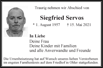 Traueranzeige von Siegfried Servos von trauer.extra-tipp-moenchengladbach.de
