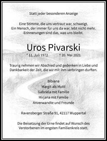 Traueranzeige von Uros Pivarski von trauer.wuppertaler-rundschau.de