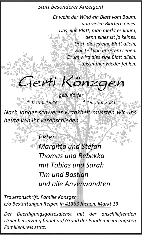  Traueranzeige für Gerti Könzgen vom 26.06.2021 aus trauer.stadt-kurier.de
