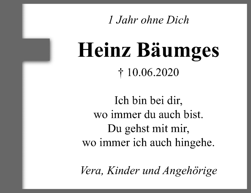  Traueranzeige für Heinz Bäumges vom 13.06.2021 aus trauer.extra-tipp-moenchengladbach.de