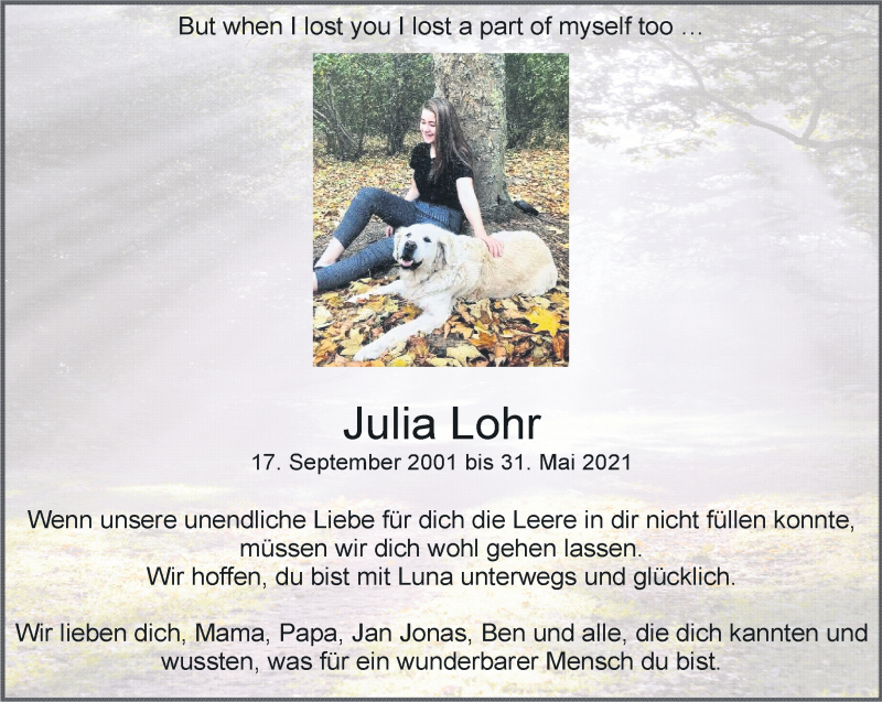  Traueranzeige für Julia Lohr vom 12.06.2021 aus trauer.stadt-kurier.de