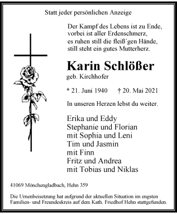 Traueranzeige von Karin Schlößer von trauer.extra-tipp-moenchengladbach.de
