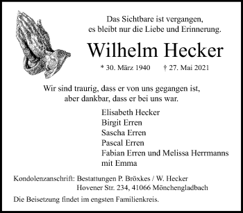 Traueranzeige von Wilhelm Hecker von trauer.extra-tipp-moenchengladbach.de