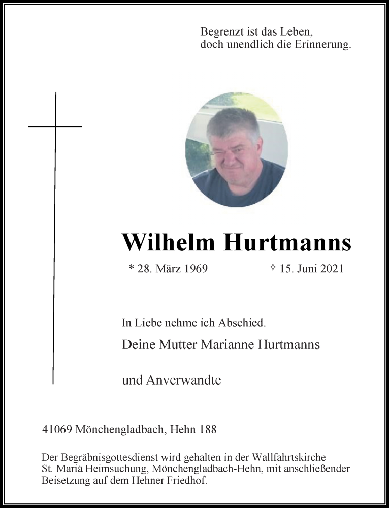  Traueranzeige für Wilhelm Hurtmanns vom 20.06.2021 aus trauer.extra-tipp-moenchengladbach.de