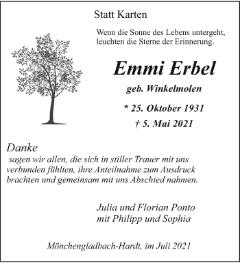 Traueranzeige von Emmi Erbel von trauer.extra-tipp-moenchengladbach.de