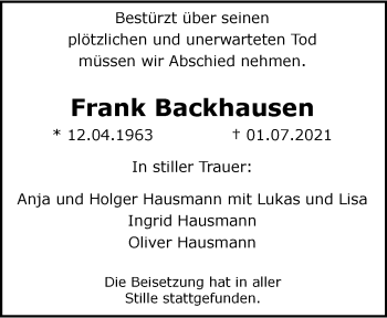 Traueranzeige von Frank Backhausen von trauer.wuppertaler-rundschau.de
