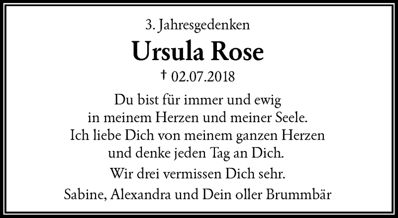 Traueranzeige für Ursula Rose vom 03.07.2021 aus trauer.wuppertaler-rundschau.de