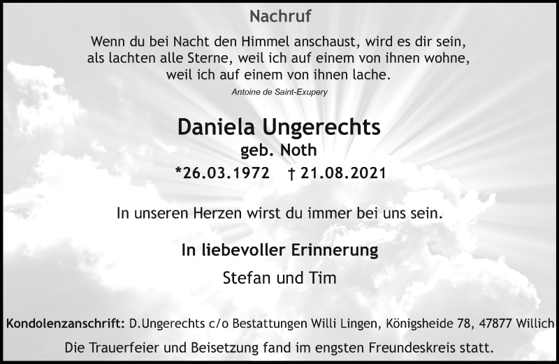  Traueranzeige für Daniela Ungerechts vom 12.09.2021 aus trauer.extra-tipp-moenchengladbach.de