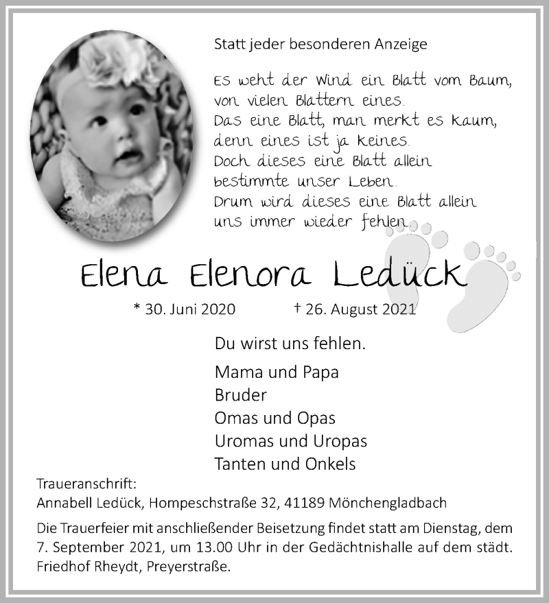  Traueranzeige für Elena Elenora Ledück vom 05.09.2021 aus trauer.extra-tipp-moenchengladbach.de