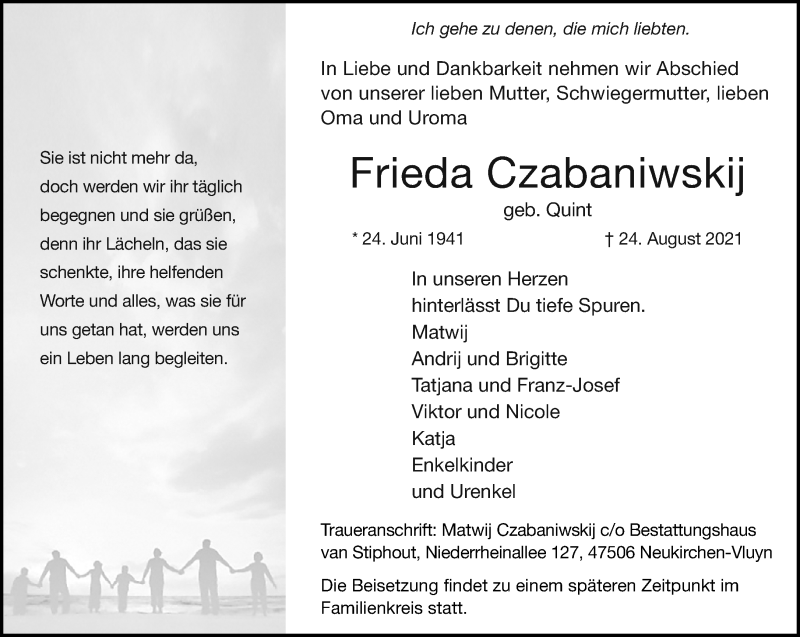  Traueranzeige für Frieda Czabaniwskij vom 05.09.2021 aus trauer.mein.krefeld.de