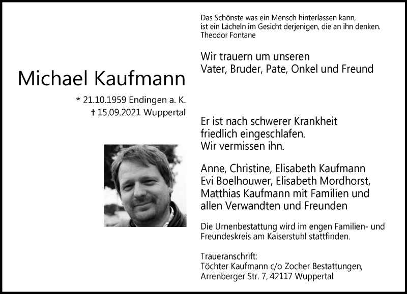  Traueranzeige für Michael Kaufmann vom 25.09.2021 aus trauer.wuppertaler-rundschau.de