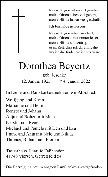Traueranzeige von Dorothea Beyertz von trauer.extra-tipp-moenchengladbach.de
