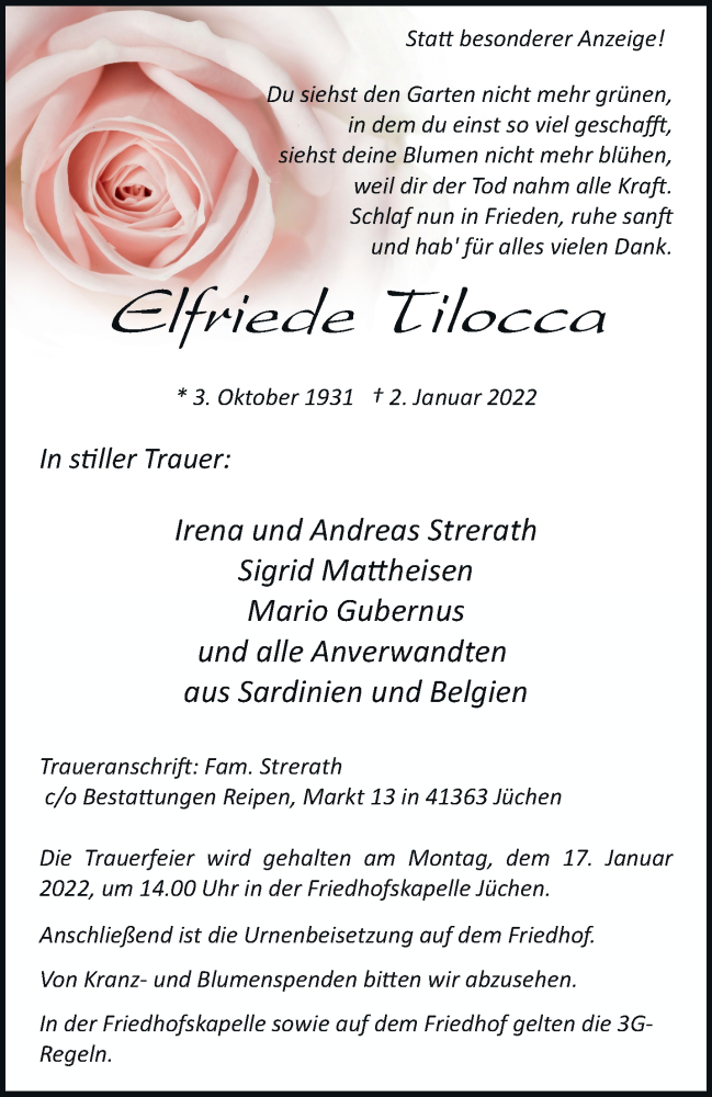  Traueranzeige für Elfriede Tilocca vom 08.01.2022 aus trauer.stadt-kurier.de