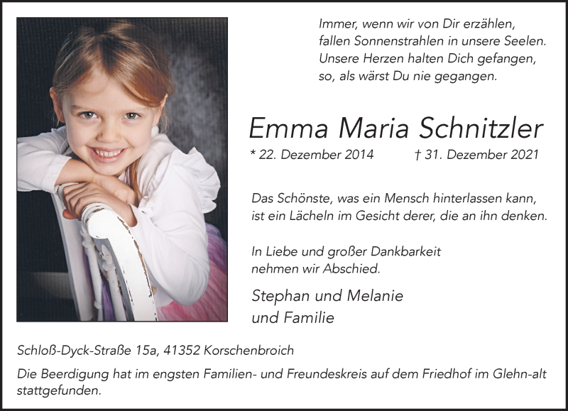  Traueranzeige für Emma Maria Schnitzler vom 09.01.2022 aus trauer.extra-tipp-moenchengladbach.de