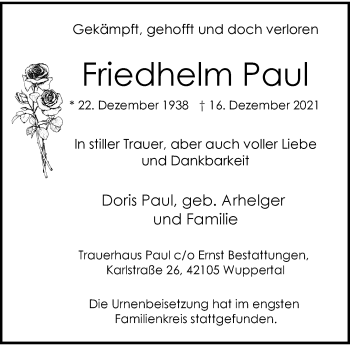 Traueranzeige von Friedhelm Paul von trauer.wuppertaler-rundschau.de
