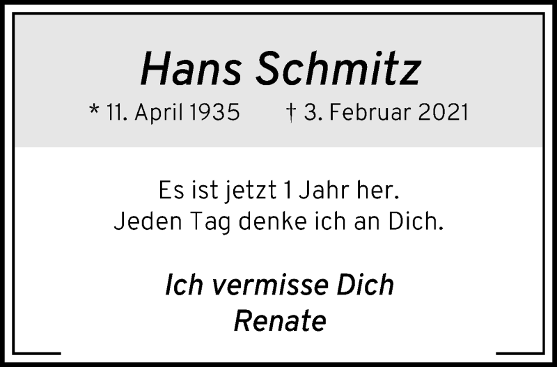  Traueranzeige für Hans Schmitz vom 30.01.2022 aus trauer.mein.krefeld.de