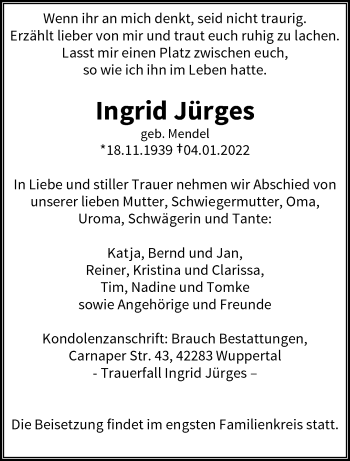 Traueranzeige von Ingrid Jürges von trauer.wuppertaler-rundschau.de