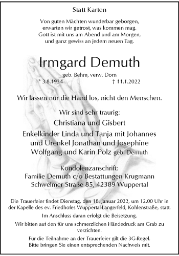 Traueranzeige von Irmgard Demuth von trauer.wuppertaler-rundschau.de
