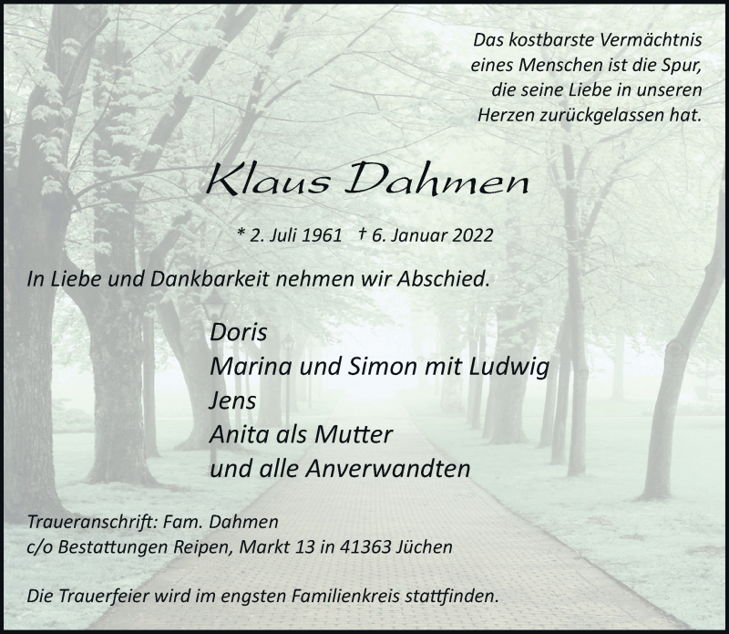  Traueranzeige für Klaus Dahmen vom 15.01.2022 aus trauer.stadt-kurier.de