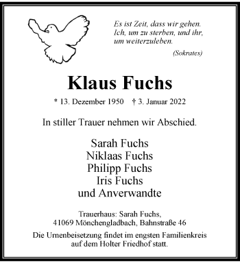 Traueranzeige von Klaus Fuchs von trauer.extra-tipp-moenchengladbach.de