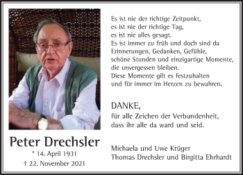 Traueranzeige von Peter Drechsler von trauer.extra-tipp-moenchengladbach.de