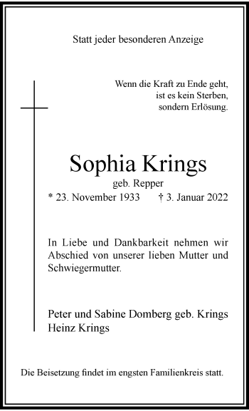 Traueranzeige von Sophia Krings von trauer.extra-tipp-moenchengladbach.de