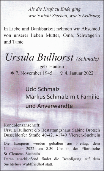 Traueranzeige von Ursula Bulhorst von trauer.extra-tipp-moenchengladbach.de