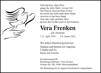Traueranzeige von Vera Frenken von trauer.extra-tipp-moenchengladbach.de