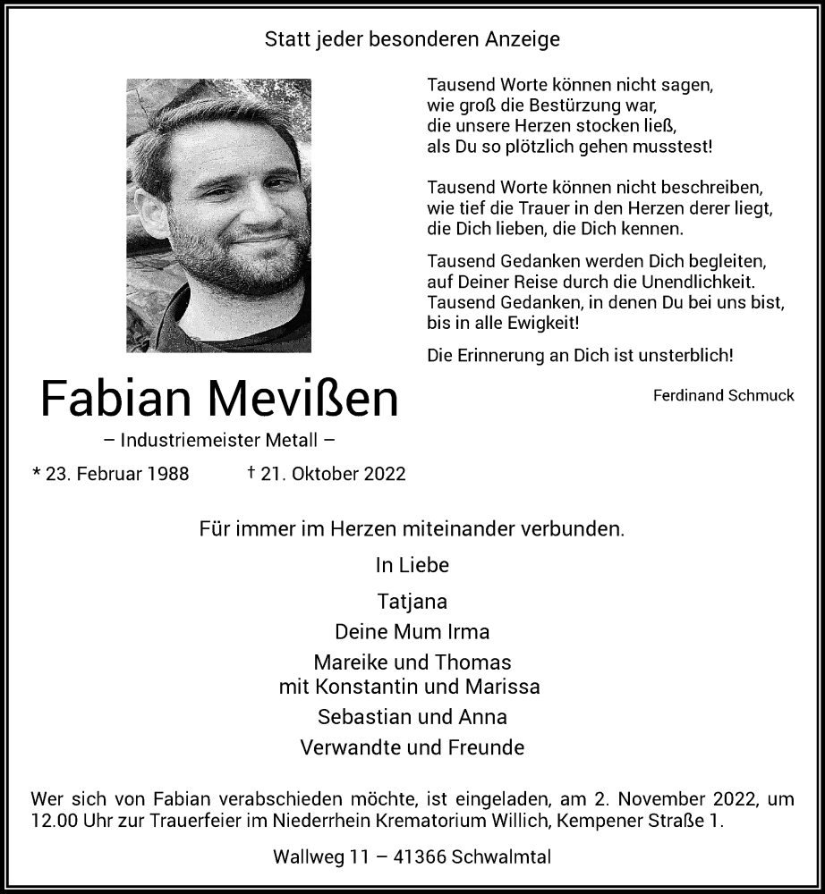  Traueranzeige für Fabian Mevißen vom 30.10.2022 aus trauer.extra-tipp-moenchengladbach.de