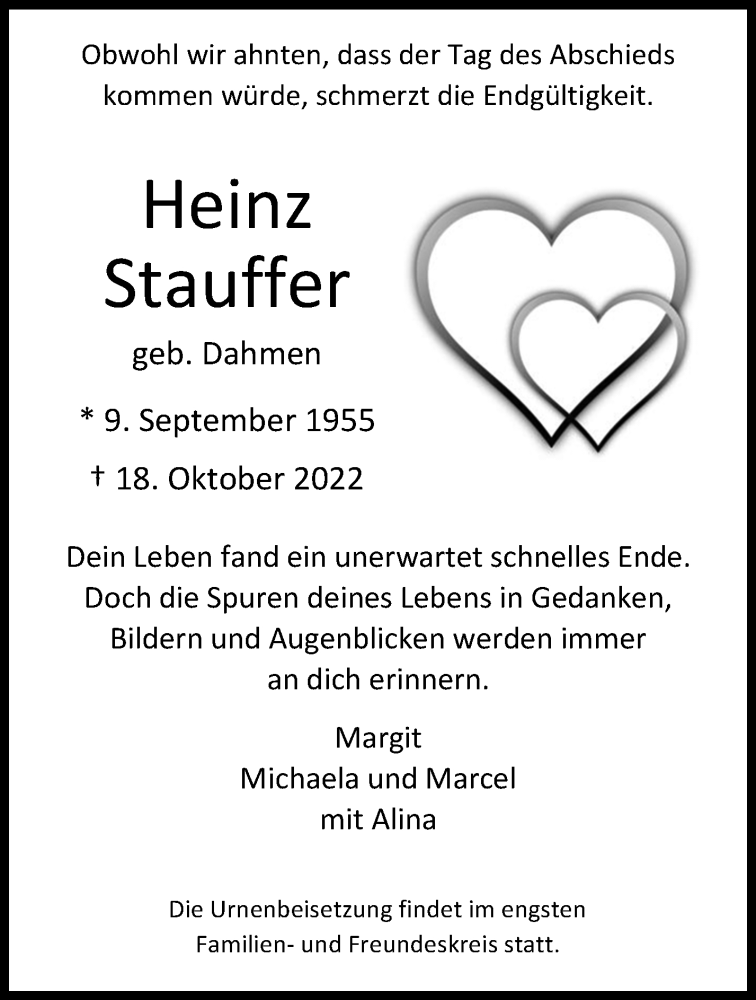  Traueranzeige für Heinz Stauffer vom 30.10.2022 aus trauer.extra-tipp-moenchengladbach.de
