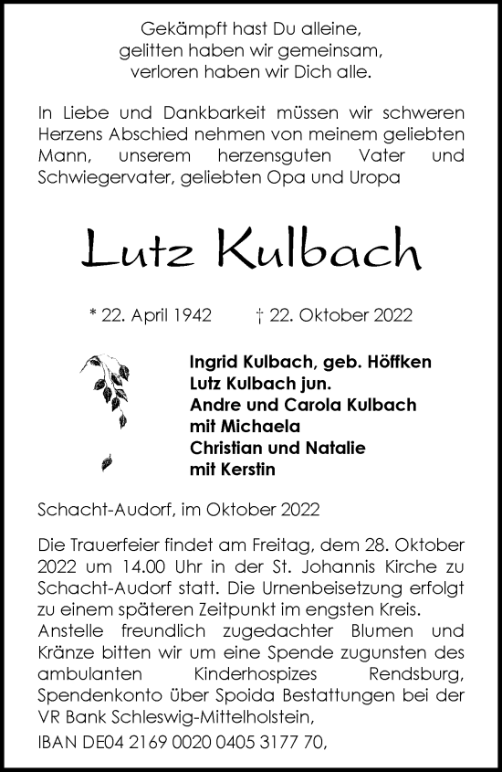 Traueranzeige von Lutz Kulbach von trauer.mein.krefeld.de