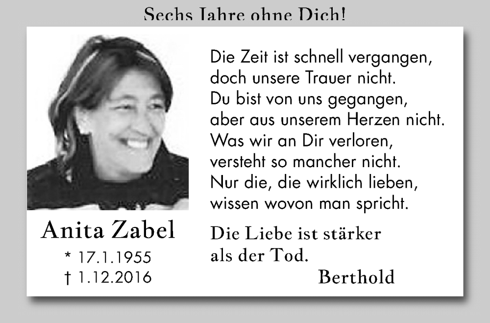  Traueranzeige für Anita Zabel vom 04.12.2022 aus trauer.extra-tipp-moenchengladbach.de