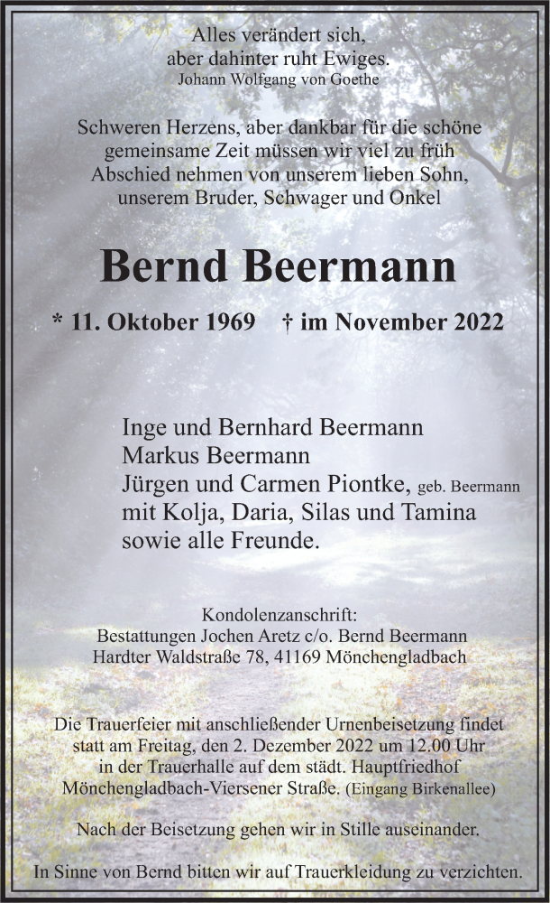  Traueranzeige für Bernd Beermann vom 20.11.2022 aus trauer.extra-tipp-moenchengladbach.de