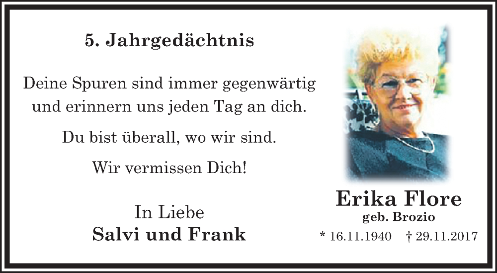  Traueranzeige für Erika Flore vom 04.12.2022 aus trauer.extra-tipp-moenchengladbach.de