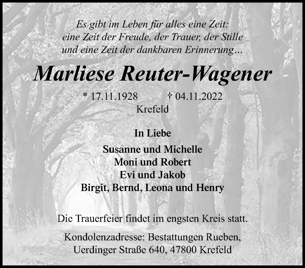  Traueranzeige für Marliese Reuter-Wagener vom 13.11.2022 aus trauer.mein.krefeld.de