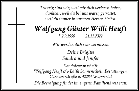 Traueranzeige von Wolfgang Günter Willi Heuft von trauer.wuppertaler-rundschau.de