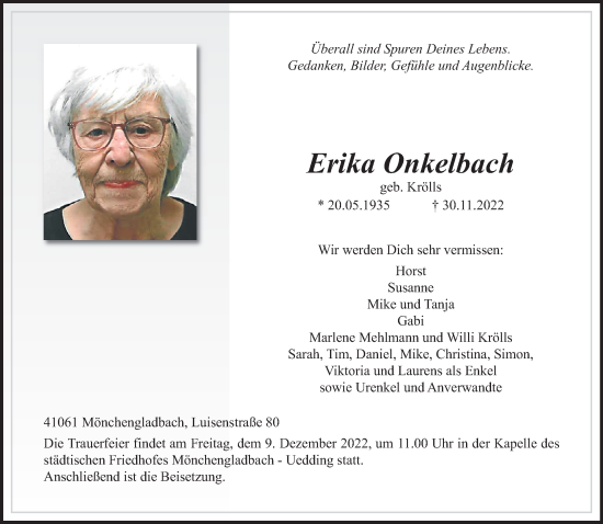 Traueranzeige von Erika Onkelbach von trauer.extra-tipp-moenchengladbach.de