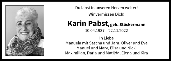 Traueranzeige von Karin Pabst von trauer.wuppertaler-rundschau.de