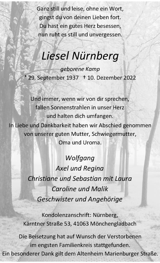 Traueranzeige von Liesel Nürnberg von trauer.extra-tipp-moenchengladbach.de
