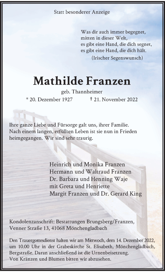 Traueranzeige von Mathilde Franzen von trauer.extra-tipp-moenchengladbach.de